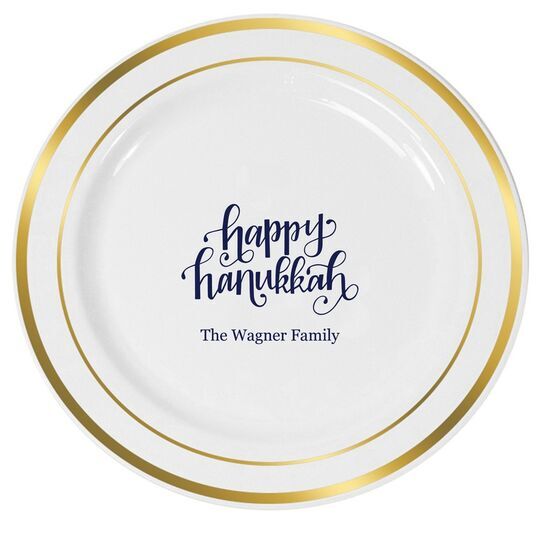 Hand Lettered Happy Hanukkah Premium Banded Plastic Plates
